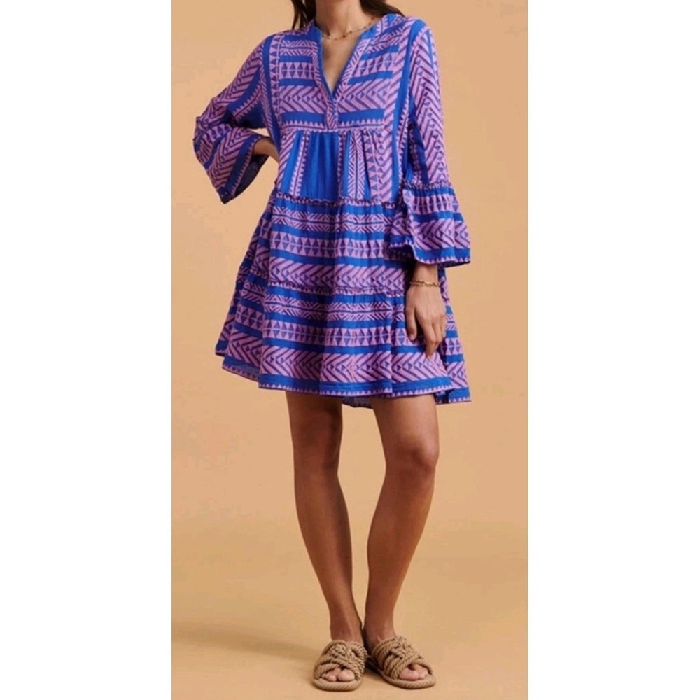Devotion TWINS Anthropologie ELLA Vibrant Blue & Pink 3/4 Sleeve Tiered Dress